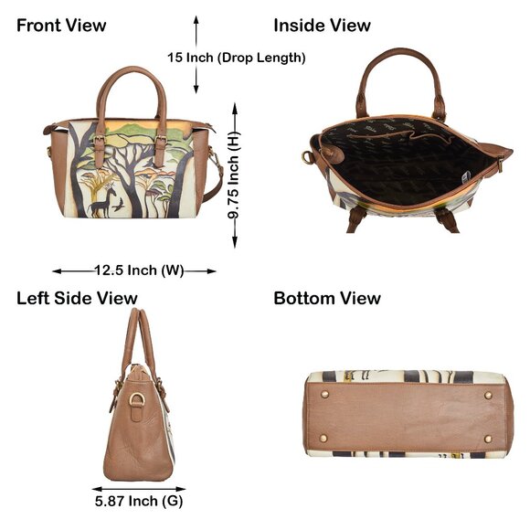 Hand Painted Leather Brown Top Handle Satchel, Shoulder Tote Bag, Crossbody Bag - Picture 2 of 9